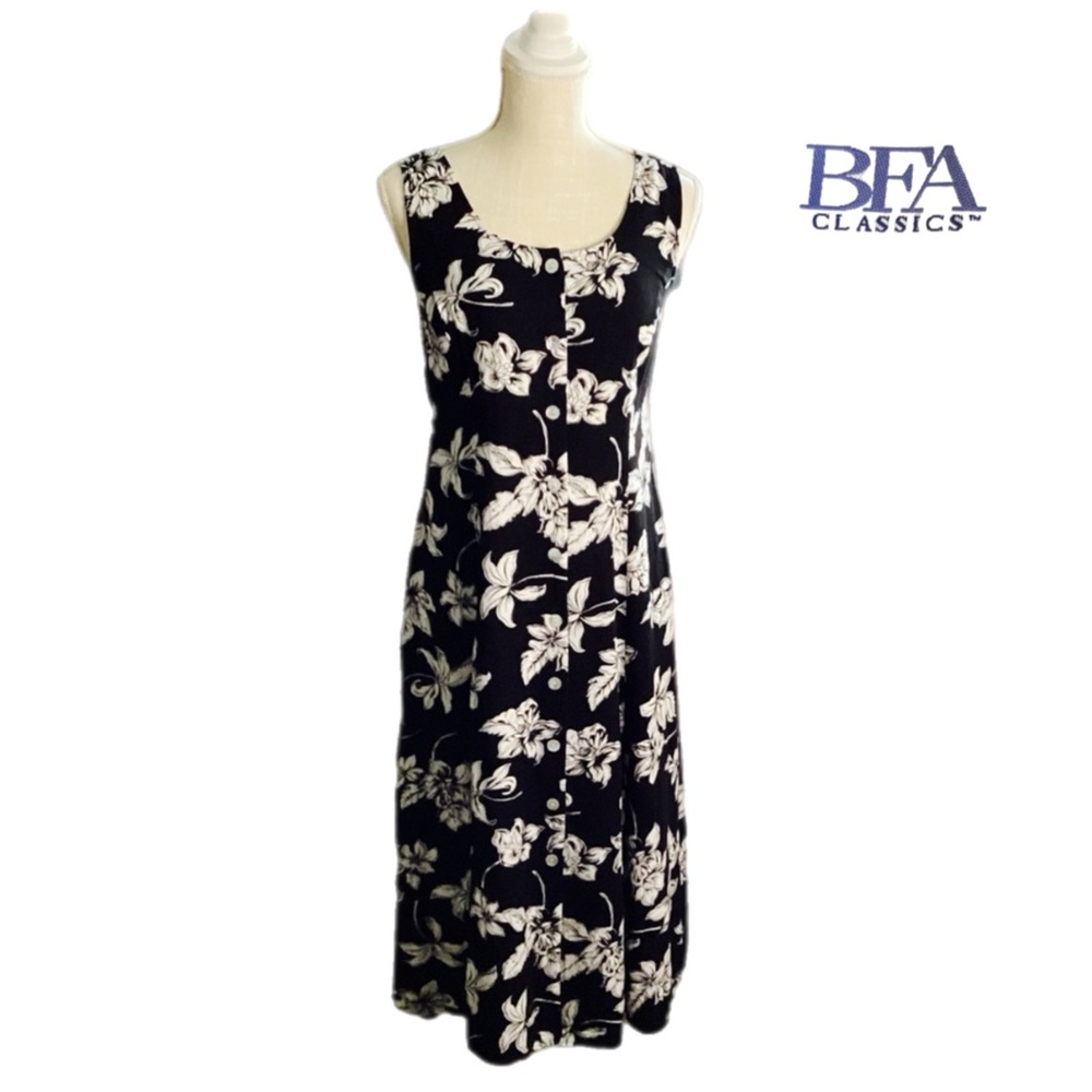 VTG BFA Classics M-12 Women’s Black White Floral Sundress 100% Rayon Midi Boho
